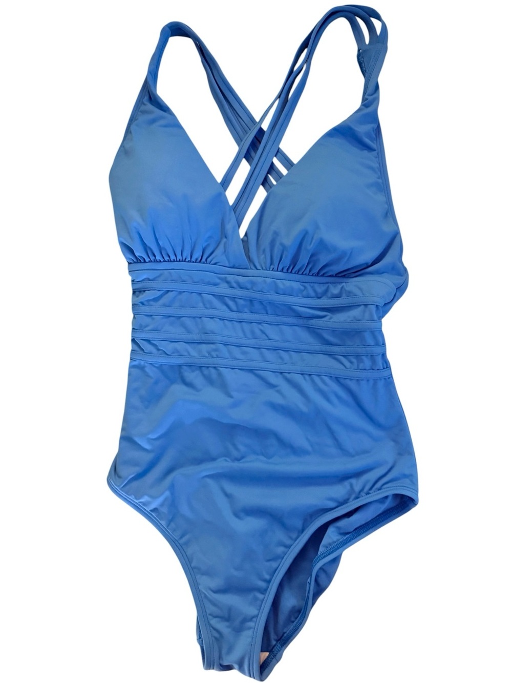La Blanca Island Goddess One Piece Crisscross Strappy Back Blue Swimsuit New